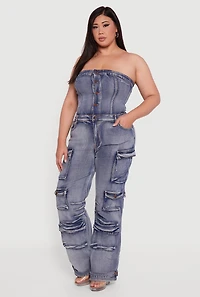 Womens Plus Size Acid Wash Cargo Pocket Button Front Jumpsuit, Blue, Size 2X