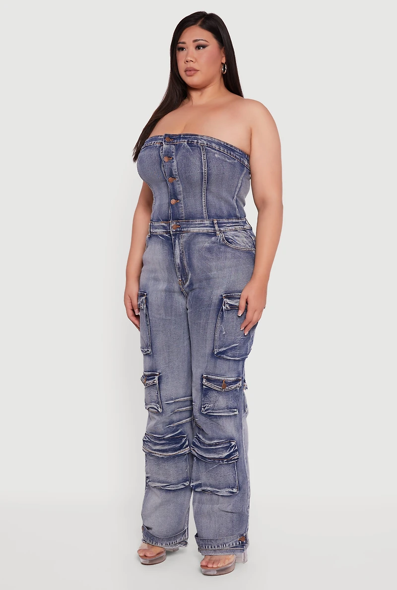 Womens Plus Size Acid Wash Cargo Pocket Button Front Jumpsuit, Blue, Size 2X