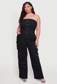 Womens Plus Button Front Denim Tube Jumpsuit, Black,