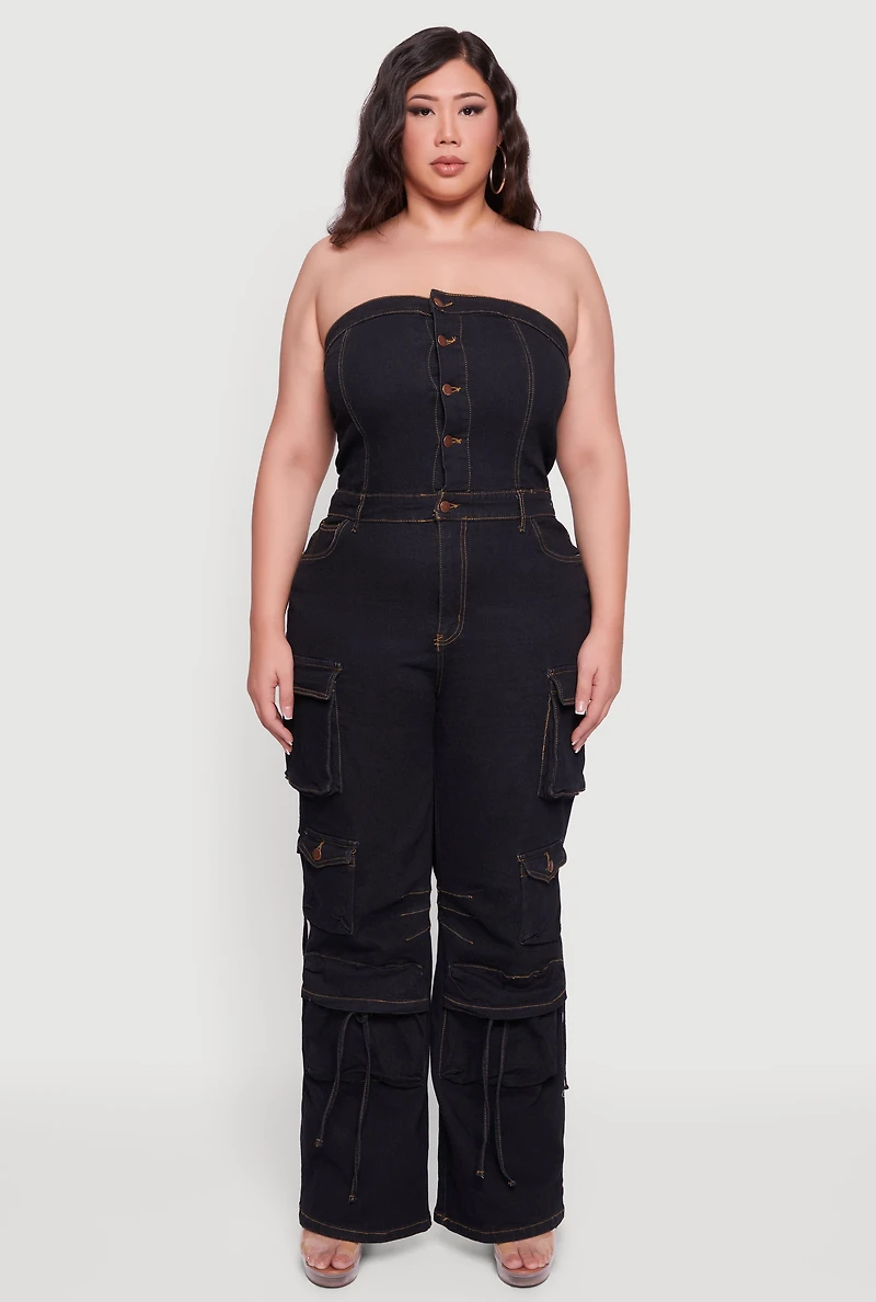 Womens Plus Button Front Denim Tube Jumpsuit, Black,
