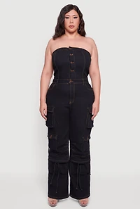 Womens Plus Button Front Denim Tube Jumpsuit, Black,