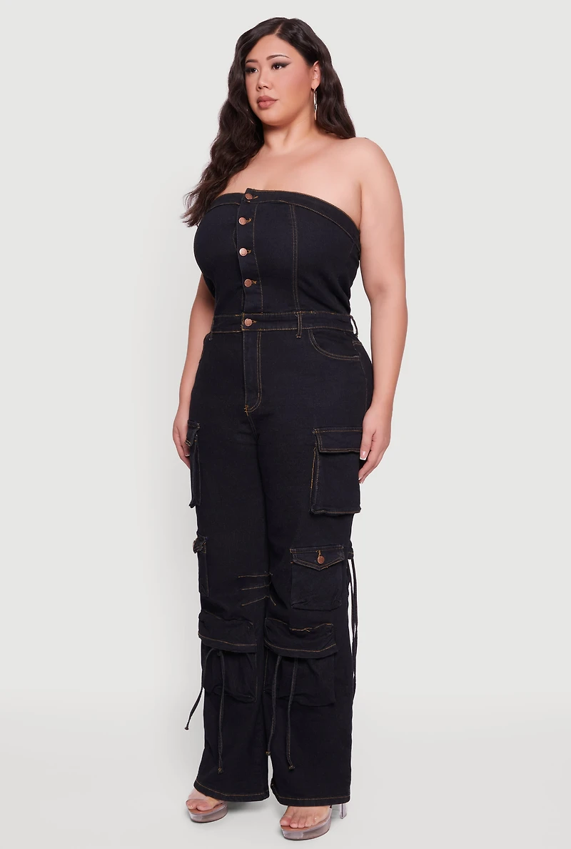 Womens Plus Button Front Denim Tube Jumpsuit, Black,