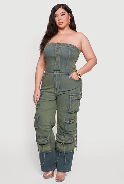Womens Plus Size Button Front Denim Tube Jumpsuit, Green, Size 1X