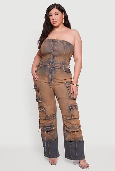 Plus Button Front Denim Tube Jumpsuit