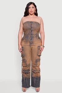 Womens Plus Size Button Front Denim Tube Jumpsuit, Multi, Size 1X