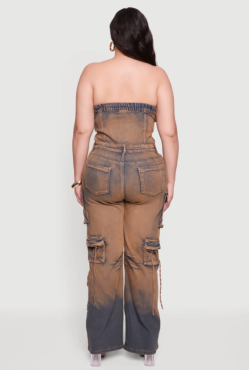 Womens Plus Size Button Front Denim Tube Jumpsuit, Multi, Size 1X