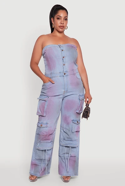 Womens Plus Size Button Front Wide Leg Cargo Pocket Jumpsuit, Blue, Size 1X