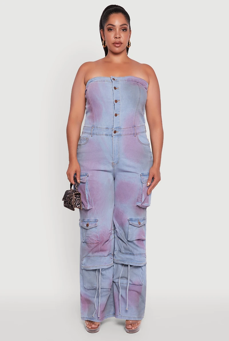 Womens Plus Size Button Front Wide Leg Cargo Pocket Jumpsuit, Blue, Size 1X