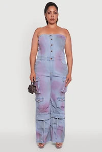 Womens Plus Size Button Front Wide Leg Cargo Pocket Jumpsuit, Blue, Size 1X