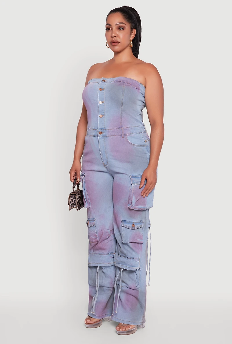Womens Plus Size Button Front Wide Leg Cargo Pocket Jumpsuit, Blue, Size 1X