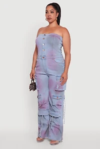 Womens Plus Size Button Front Wide Leg Cargo Pocket Jumpsuit, Blue, Size 1X