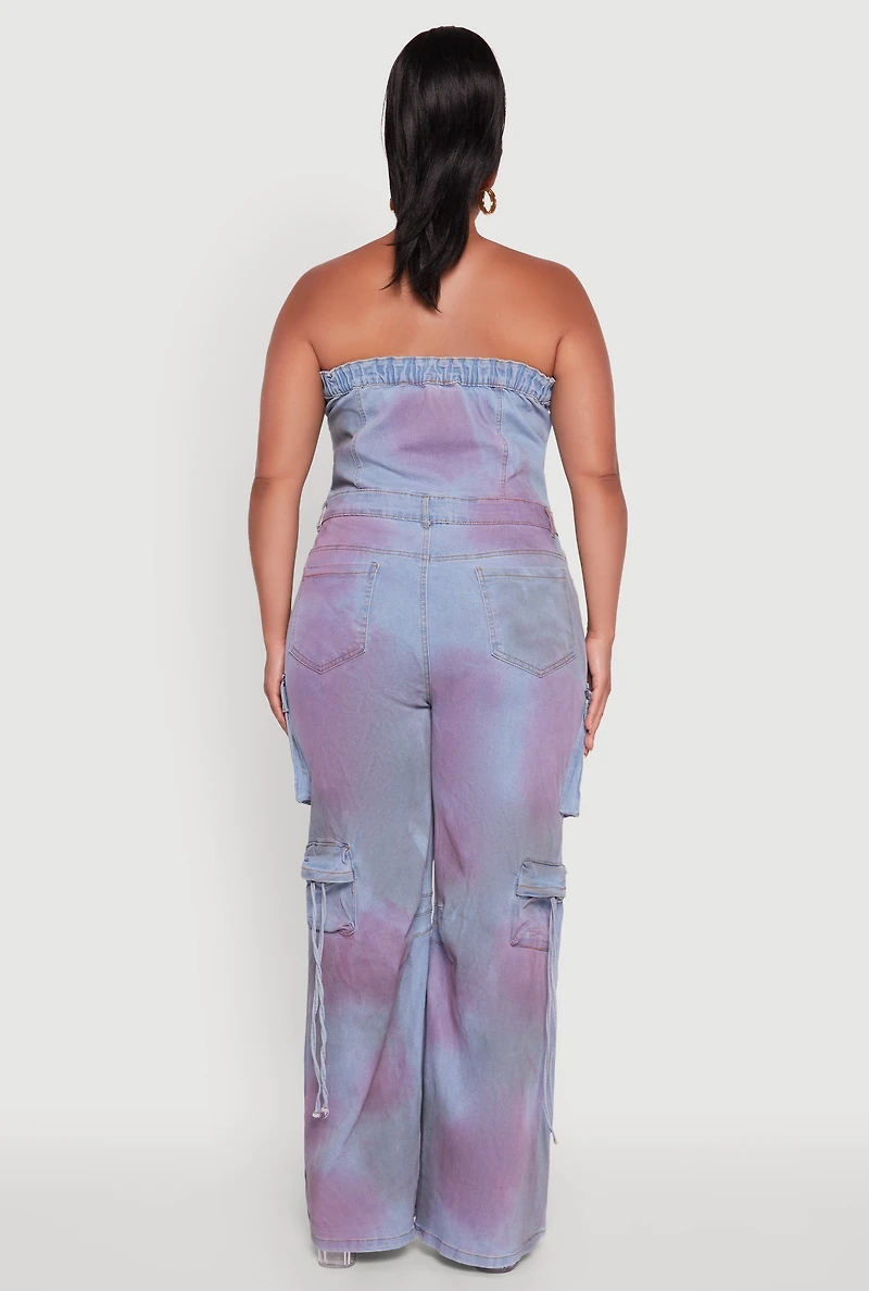 Womens Plus Size Button Front Wide Leg Cargo Pocket Jumpsuit, Blue, Size 1X