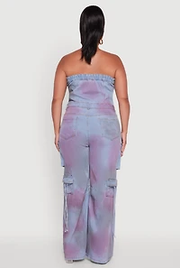 Womens Plus Size Button Front Wide Leg Cargo Pocket Jumpsuit, Blue, Size 1X