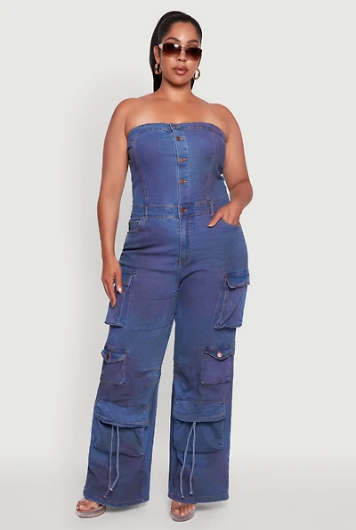 Womens Plus Button Front Wide Leg Cargo Pocket Jumpsuit, Blue,