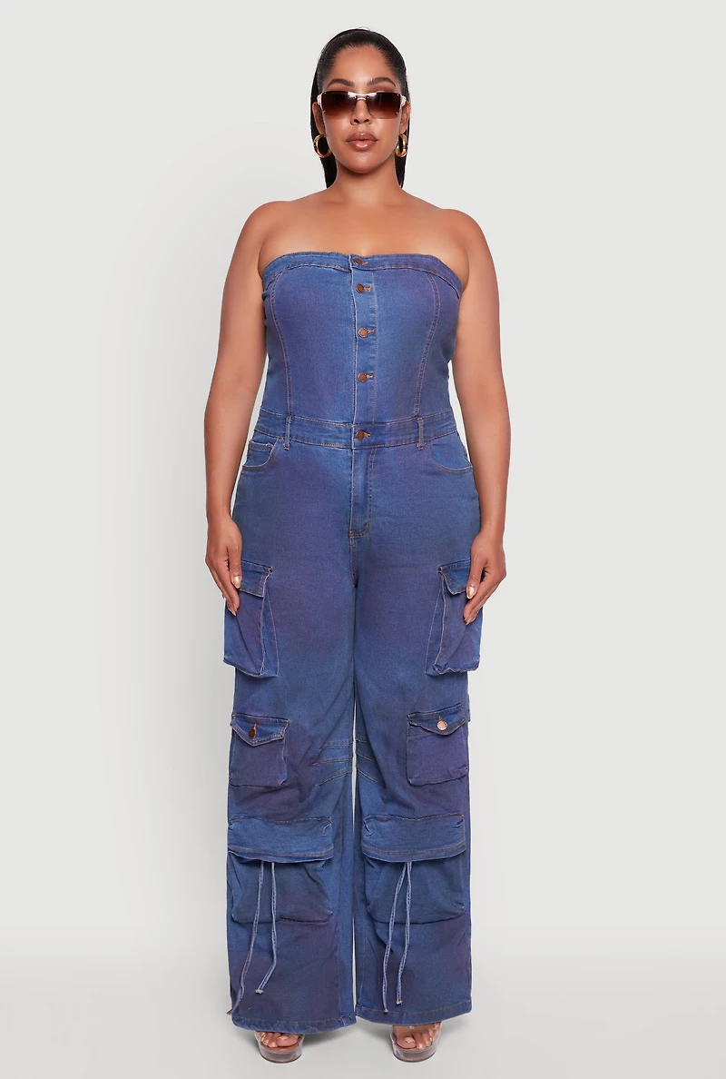 Womens Plus Button Front Wide Leg Cargo Pocket Jumpsuit, Blue,