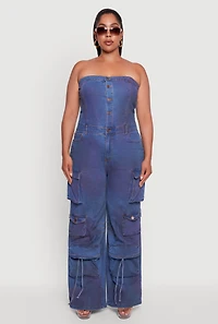 Womens Plus Button Front Wide Leg Cargo Pocket Jumpsuit, Blue,