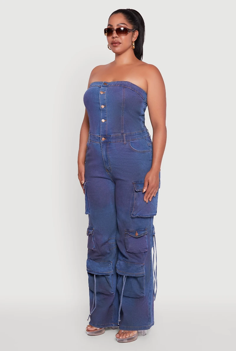 Womens Plus Button Front Wide Leg Cargo Pocket Jumpsuit, Blue,