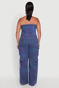 Womens Plus Button Front Wide Leg Cargo Pocket Jumpsuit, Blue,