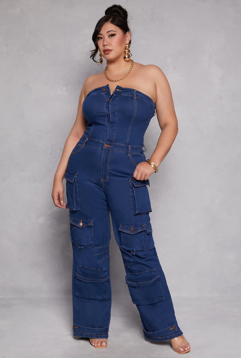 Plus Daisy Denim Strapless Utility Jumpsuit