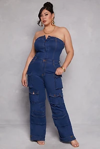 Plus Daisy Denim Strapless Utility Jumpsuit