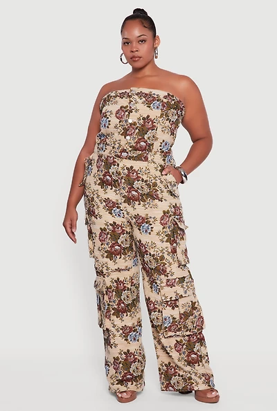Womens Plus Floral Jacquard Strapless Utility Jumpsuit, Multi,