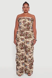 Womens Plus Floral Jacquard Strapless Utility Jumpsuit, Multi,