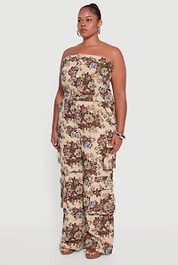 Womens Plus Floral Jacquard Strapless Utility Jumpsuit, Multi,