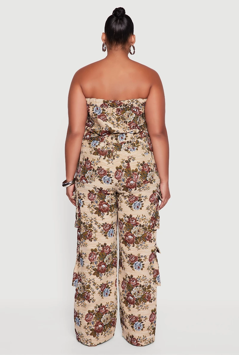 Womens Plus Floral Jacquard Strapless Utility Jumpsuit, Multi,
