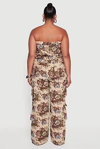 Womens Plus Size Floral Jacquard Strapless Utility Jumpsuit, Multi, Size 1X