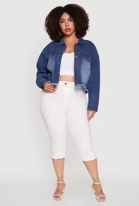 Womens Plus Denim Jacket with Heart Brush Stroke Design, Blue,