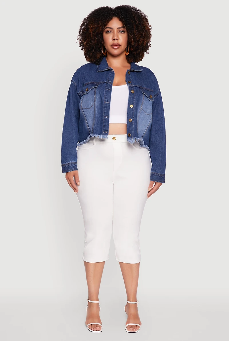 Womens Plus Denim Jacket with Heart Brush Stroke Design, Blue,