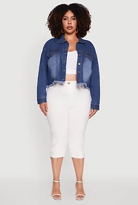 Womens Plus Denim Jacket with Heart Brush Stroke Design, Blue,