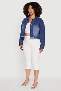 Womens Plus Denim Jacket with Heart Brush Stroke Design, Blue,