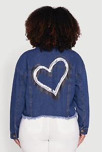 Womens Plus Denim Jacket with Heart Brush Stroke Design, Blue,