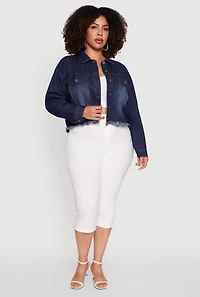 Womens Plus Denim Jacket with Heart Brush Stroke Design, Blue,