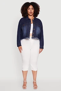 Womens Plus Denim Jacket with Heart Brush Stroke Design, Blue,