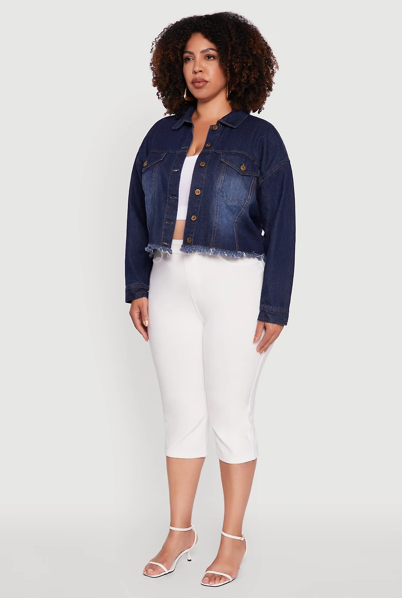 Womens Plus Denim Jacket with Heart Brush Stroke Design, Blue,