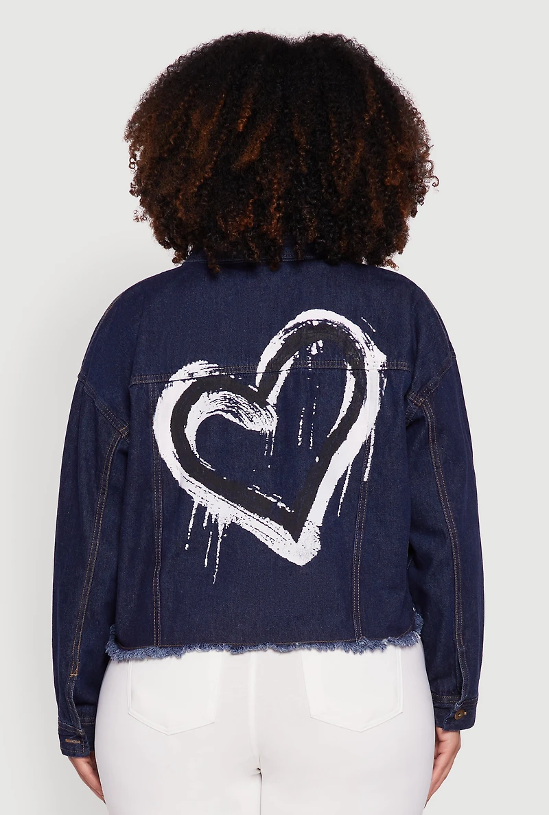 Womens Plus Denim Jacket with Heart Brush Stroke Design, Blue,