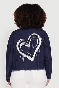 Womens Plus Denim Jacket with Heart Brush Stroke Design, Blue,