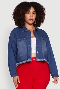 Womens Plus Size Frayed Hem XO Graphic Jean Jacket, Blue, Size 3X