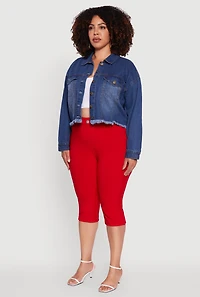 Womens Plus Size Frayed Hem XO Graphic Jean Jacket, Blue, Size 3X