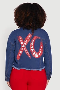 Womens Plus Size Frayed Hem XO Graphic Jean Jacket, Blue, Size 3X