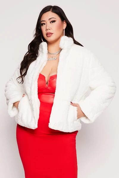 Womens Plus Size Faux Fur Zip Front Jacket, White, Size 3X