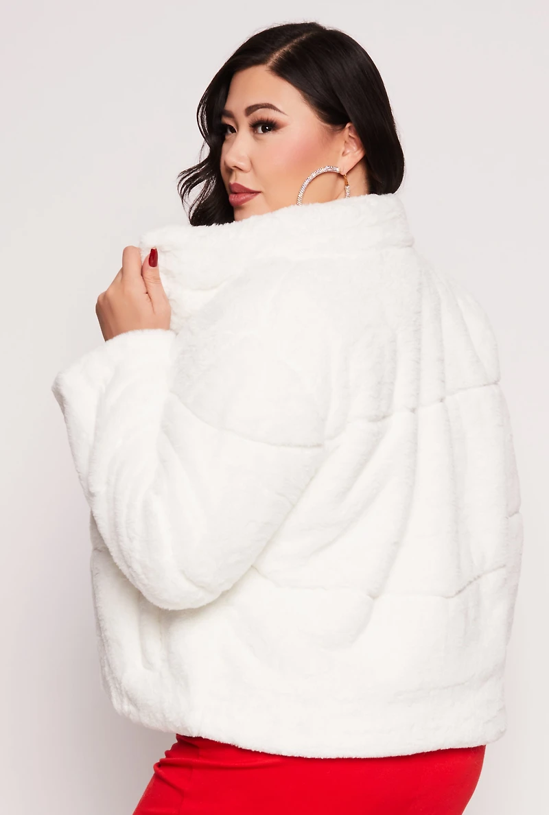 Womens Plus Size Faux Fur Zip Front Jacket, White, Size 3X