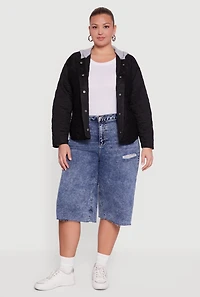 Womens Plus Snap Button Front Hooded Quilted Jacket,