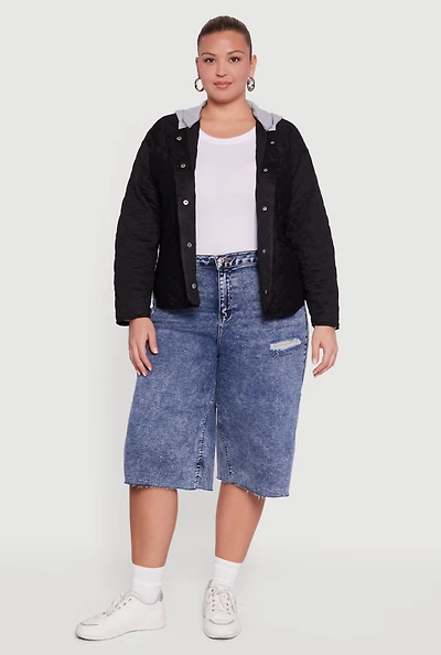 Plus Snap Button Front Hooded Quilted Jacket