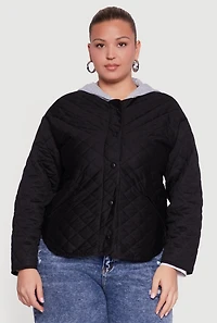 Plus Snap Button Front Hooded Quilted Jacket