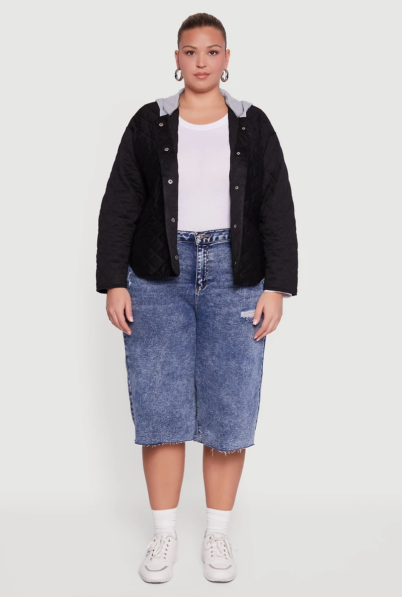 Womens Plus Snap Button Front Hooded Quilted Jacket,