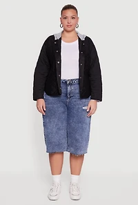 Womens Plus Snap Button Front Hooded Quilted Jacket,