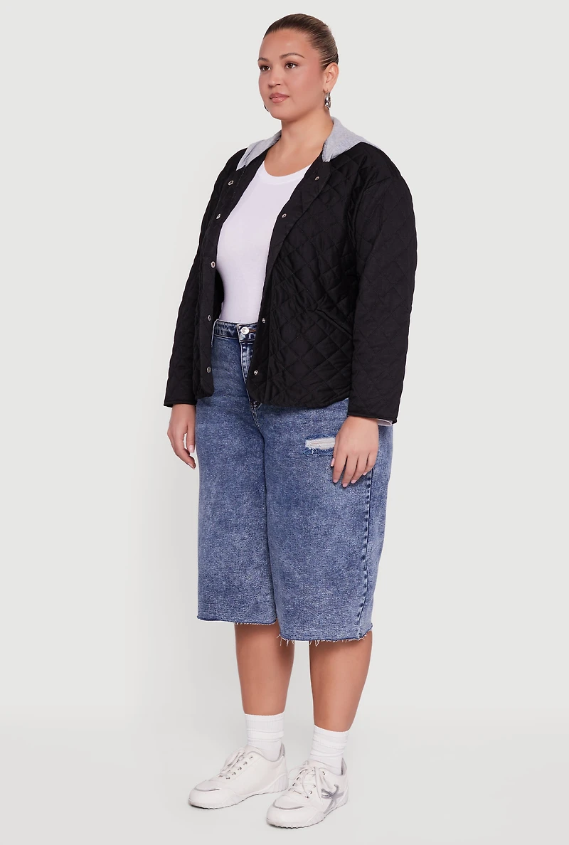 Plus Snap Button Front Hooded Quilted Jacket